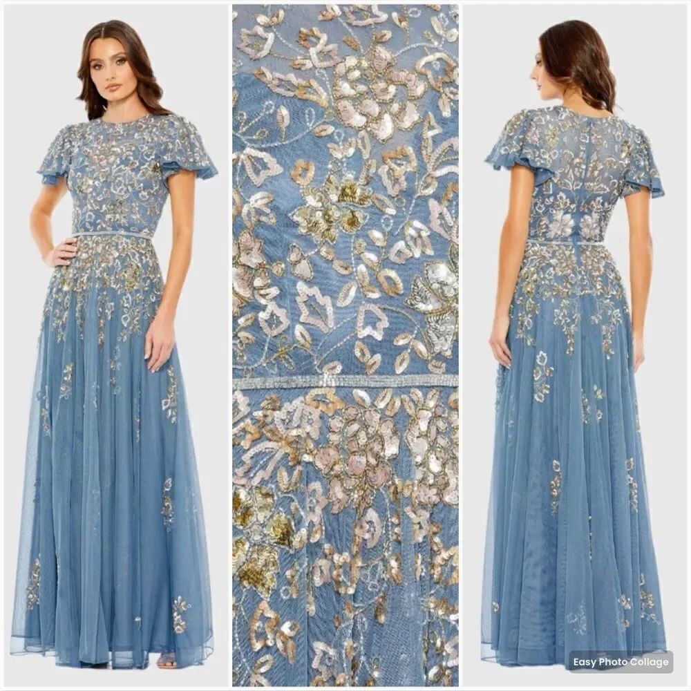 Mac Duggal 5717 Womens Blue Embellished Butterfly Sleeve High Neck Gown